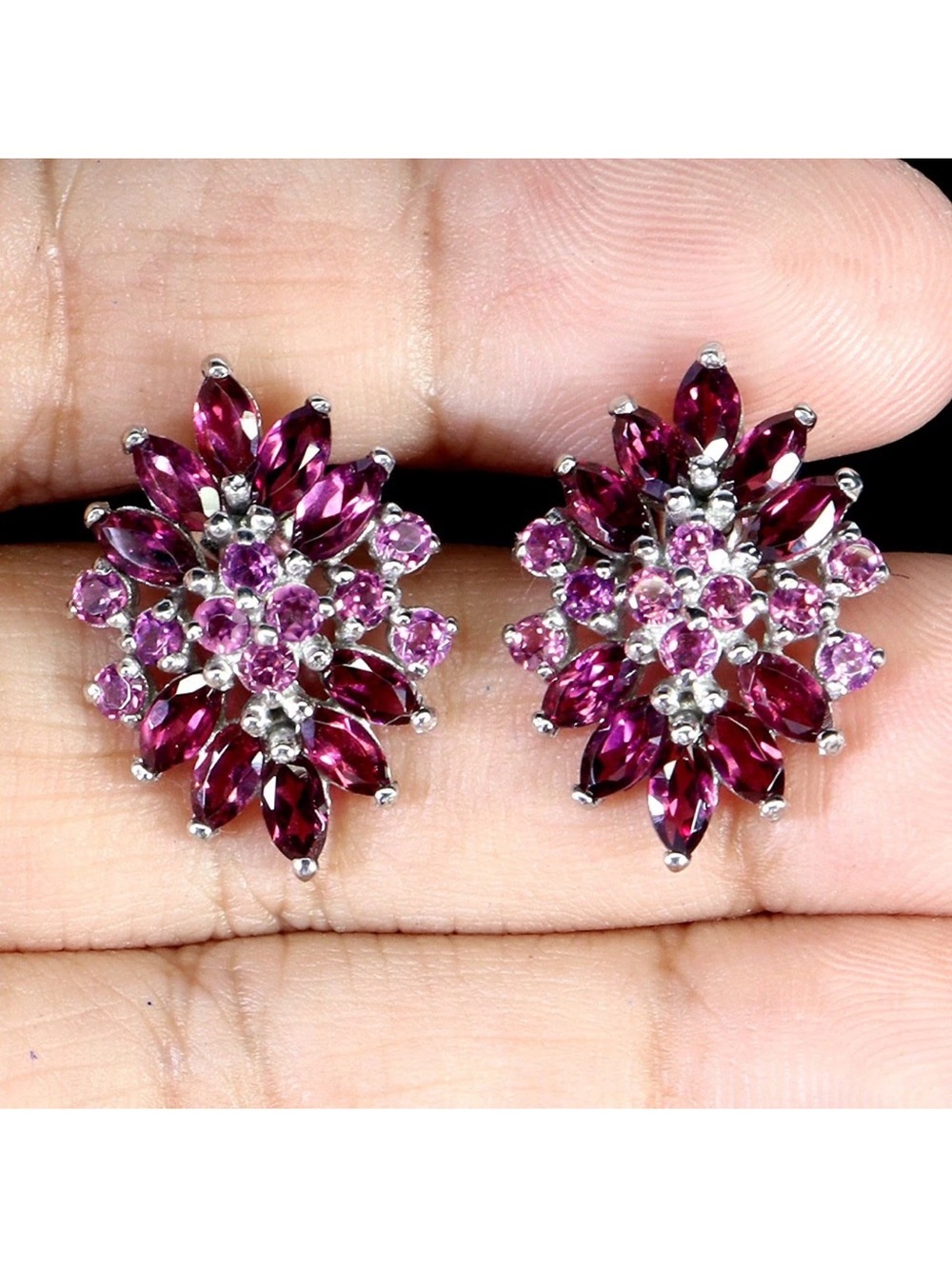 Natural Raspberry Garnet Marquise & round cut Stud Earrings 925 Sterling Silver